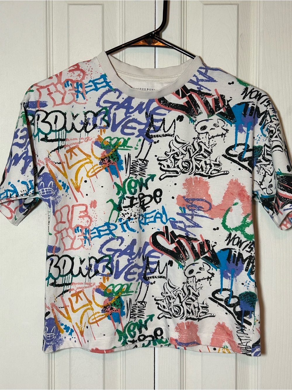 Cactus Boys White Tee with Colorful Graffiti Graphics Size 9/10